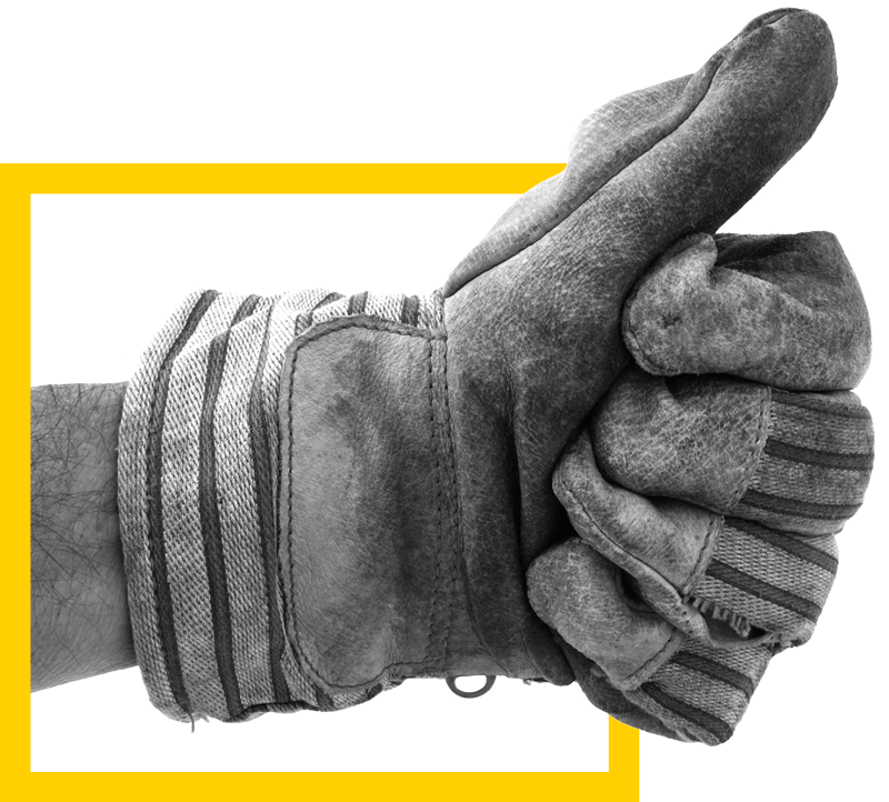 A hand wearing a heavy leather work glove gives a thumbs up